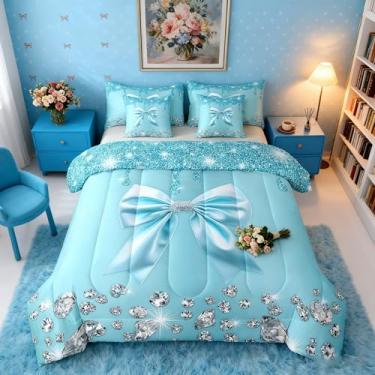 Imagem de Conjunto de edredom de 7 peças com laço azul-petróleo em uma bolsa, conjunto de cama de casal com lantejoulas brilhantes, céu estrelado, cinza, diamante, princesa, nó de laço, conjunto de lençol e