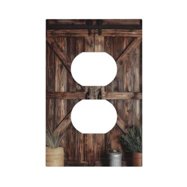 Imagem de VGHOKO Capas de tomada decorativas com porta de celeiro rústica vintage design de textura de madeira desgastada 1 gangue placa de cobertura de interruptor de luz duplex placas de parede exclusivas