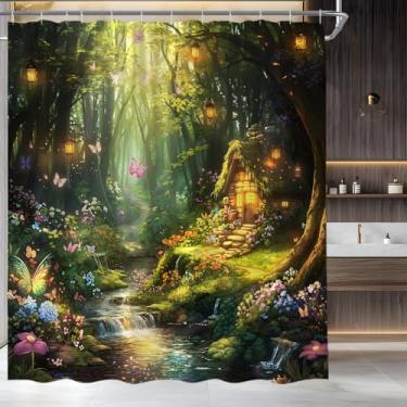 Imagem de Fantasia Floresta Cortina de Chuveiro Fada Magia Encantada Floresta Cachoeira Borboleta Jardim Terra das Maravilhas Tecido Natureza Conjunto de Decoração de Banheiro, 178 x 177 cm