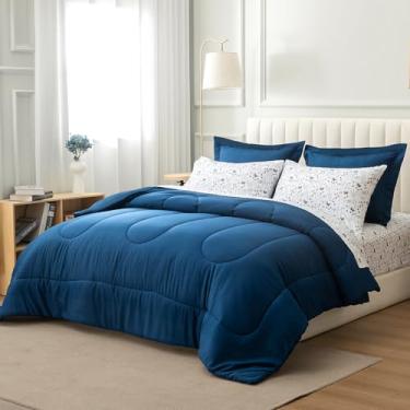 Imagem de ARTALL Jogo de cama king size em uma bolsa, 7 peças, azul marinho, liso, com borboleta, floral, macio, reversível, edredom com edredom, lençóis, fronhas e fronhas para todas as estações