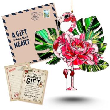 Imagem de Enfeite para pendurar na janela com efeito de vitral de acrílico flamingo, com cartão de história, decorações de árvore de Natal rosa, presentes de flamingos para mulheres, presentes de ação de graças