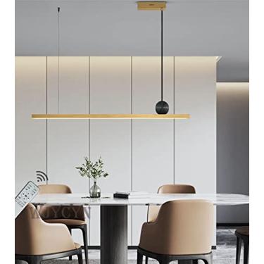 Imagem de Luminária pendente LED para sala de jantar, dourada, com regulagem de intensidade e controle remoto. Luminária pendente moderna com altura ajustável, ideal para escritório, sala de estar e c