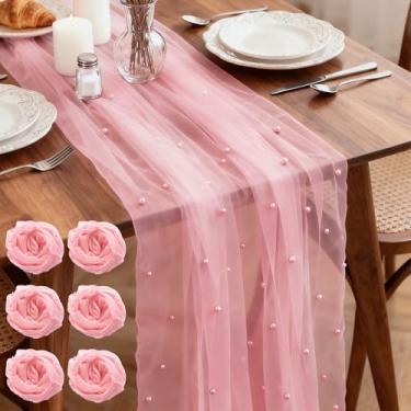 Imagem de Yivioep Pacote com 6 Caminho de mesa de pérola, tecido de tule 79 x 300 cm com pérolas para arco de casamento, festa de aniversário, decoração de chá de bebê, decoração de mesa de sobremesa de véu de