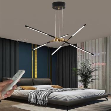 Imagem de Luminária pendente LED moderna, preta e dourada, dimerizável, 80 cm de comprimento, para sala de estar, com design de fogos de artifício, lustre, iluminação de teto para quarto, cozinha, sal