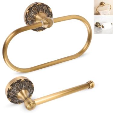 Imagem de Suporte de papel higiênico de latão antigo e conjunto de anel de toalha oval, suporte de toalha de mão giratório de 180° com latão antiferrugem, acessórios de banheiro vintage montados na parede para