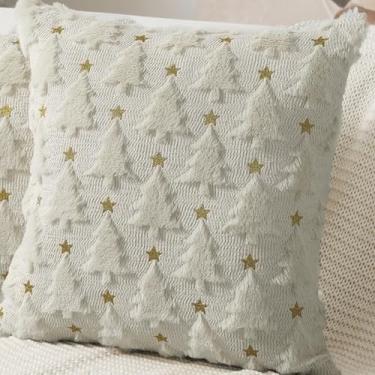 Imagem de BECNBEAU Conjunto de 2 capas de travesseiro de Natal com árvore de Natal de pelúcia, festivais de inverno, decorações de casa para sofá, sala de estar (branco e estrela, 45,72 cm x 45,72 cm (pacote