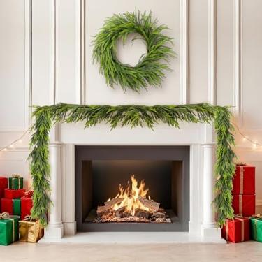 Imagem de Glitzhome Guirlanda de pinheiro Norfolk de 2,5 m, guirlanda de pinheiro sintético, guirlandas de vegetação artificial para mesa de Natal, parede, cornija, decoração de casa interna e externa