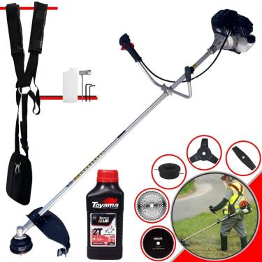Imagem de Roçadeira Robusta Toyama RT43LB25A À Gasolina 43cc Com Carretel + Faca 2 Pontas + Faca 3 Pontas + Faca 40 Dentes Vídea + Faca 80 Dentes + ÓLEO TOYAMA