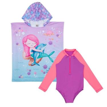 Imagem de Kit Maiô Manga Longa Natação + Poncho Atoalhado Menina Praia - Fofotin
