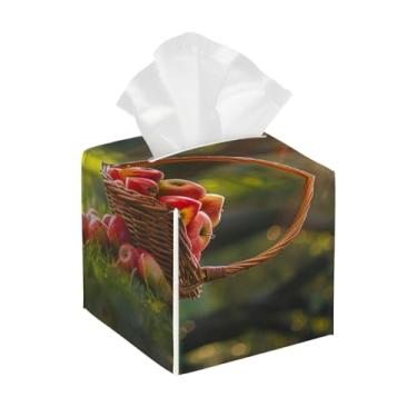 Imagem de Suporte quadrado de couro para caixa de lenços à prova d'água, maçã, outono, sol, árvore, organizador de papel facial com cinto inferior, estojo de lenços para mesa, banheiro, escritório, mesa, carro