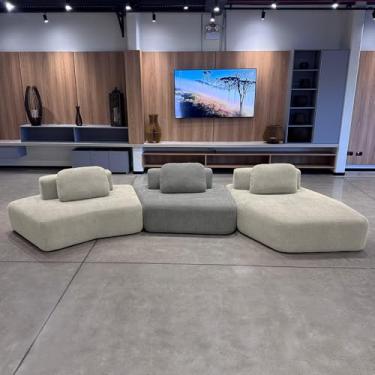 Imagem de Sofá Ilha Sala de Estar 2 Módulos e Chaise Dakota Encosto Almofadas Soltas Bouclê Rústico Greige/Cinza G33 - Gran Belo