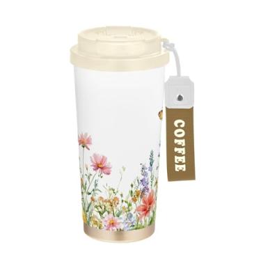 Imagem de SEHANY Caneca de viagem borboleta e flores de 482 ml Copos de café reutilizáveis revestidos de cerâmica com tampa à prova de vazamento, parede dupla, isolamento a vácuo, copo de café de aço inoxidável