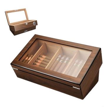 Imagem de HGTRH Umidor de charuto, caixa de armazenamento de charutos forrada de madeira de cedro com higrômetro digital de charuto, design de janela de perspectiva, divisória comporta até 50 charutos