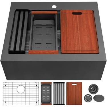Imagem de YetCrest Pia de fazenda preta de 76 cm, tigela única preta 76 x 56 cm, avental de casa de fazenda de 25,4 cm de profundidade para estação de trabalho em aço inoxidável para pia de cozinha