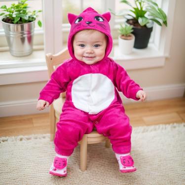 Imagem de Conjunto De Macacão Temático Gatinha Em Plush Com Pantufas 3d - Pink