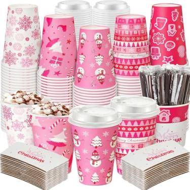 Imagem de Ziliny 100 conjuntos de copos de café de papel de Natal com manga e tampa de palha de chocolate quente copos de cacau suprimentos de festa de Natal para bebidas quentes bebidas frias café loja