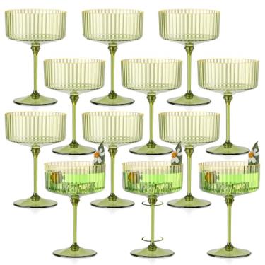 Imagem de 12 peças de taças de champanhe de plástico com borda dourada verde sálvia com nervuras cupê de 293 ml copo de martini expresso destacável vintage Margarita conjunto de copos de coquetel para chá de
