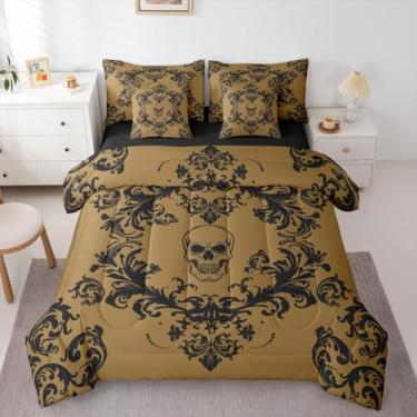 Imagem de Feelyou Conjunto de edredom gótico boêmio de caveira com lençóis, 7 peças, Queen, estampa damasco, para crianças, meninos, meninas, gótico, boêmio, floral, decoração de quarto, respirável, macio e