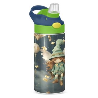 Imagem de Wassud Garrafa de água infantil isolada com tampa de palha, garrafas de água de aço inoxidável para crianças, menina voadora de 340 g em um balão