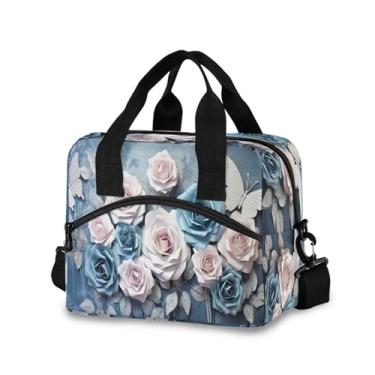 Imagem de Burbuja Lancheira térmica de rosas brancas azuis para mulheres e homens, lancheira portátil com alça de ombro destacável, lancheira para viagem, piquenique, escritório, trabalho