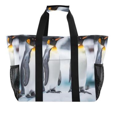 Imagem de STAYTOP Sacos de praia femininos pinguins em pé em um bloco de gelo - Bolsa de praia à prova d'água à prova de areia com bolso para viagem, férias, academia
