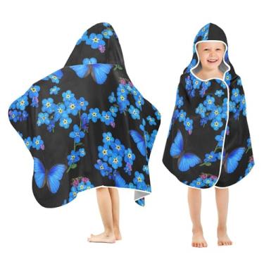Imagem de Burbuja Toalha de banho com capuz Blue Butterflies para crianças, toalha de praia de pelúcia macia absorvente para chá de meninas e meninos 3-10 anos, 61 x 127 cm