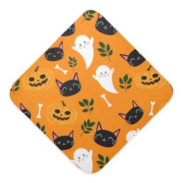 Imagem de Burbuja Toalha de banho de bebê Cat Faces Boo Pumpkins - Toalha com capuz de musselina macia e absorvente para recém-nascidos e bebês, 89 x 89 cm