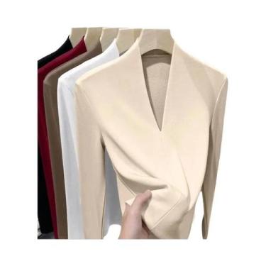 Imagem de Camiseta De Veludo plus Size Feminina De Manga Longa Com Decote Em V, 