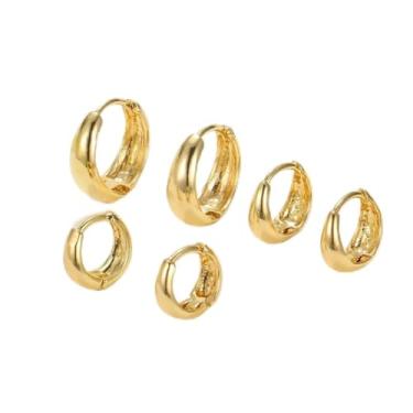 Imagem de Conjunto de 3 peças de brincos grossos modernos de argolas: desenhos geométricos dourados e delicados, estilo vintage minimalista, Large, Metal, Zircônia cúbica
