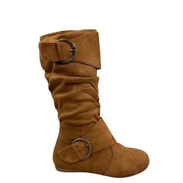 Imagem de FZ-Fits Bota feminina fechada de bico redondo fivela lateral com zíper lateral e salto plano até o meio da panturrilha, Bronzeado, 5.5