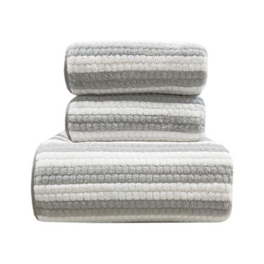 Imagem de USTIDE Conjunto de 3 toalhas de banho listradas de microfibra - 1 lençol de banho, 2 toalhas de mão, toalha de banheiro macia e altamente absorvente, toalha de banho de secagem rápida e menos fiapos