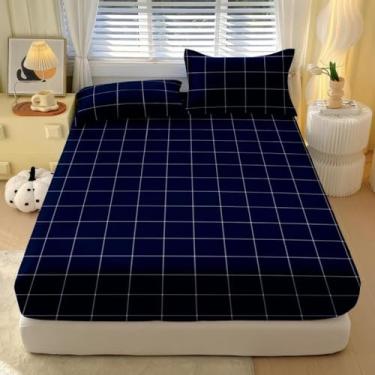 Imagem de Jogo De Lençol 3 Peças Com Elástico Casal Estampado Nao Desbota e Toque Macio Micropercal 400 Fios(Xadrez azul marinho)