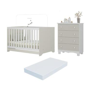 Imagem de Berço Americano 3 em 1 com Colchão Incluso e Cômoda 4 Gavetas Dengo Multimóveis Mp4702 Branco/off White