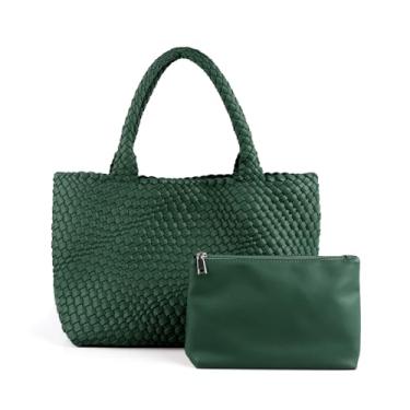 Imagem de LMKIDS Bolsa De Couro Vegano Para Mulheres, Grande Viagem Praia E Verão, Ombro Retrô Feita À Mão (Verde-Escuro)