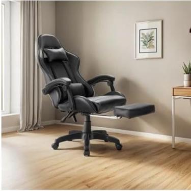 Imagem de Cadeira Gamer Ergonômica Reclinável Escritório Couro Sintético Preto Gaming Confortável Giratória com Apoio Lombar Ajustável para PC