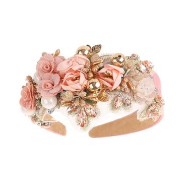 Imagem de TURTLEDOVE Elegante tiara de coroa de flores de noiva, renda branca e dourada com pérolas e cristais, acessórios de cabelo de casamento para mulheres, tiara de festa de formatura (rosa)