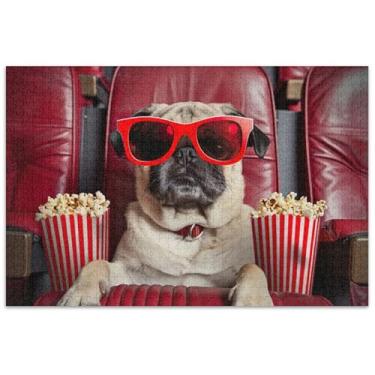 Imagem de Quebra-cabeça de cachorro pug assistindo a filmes engraçados adultos 1000 peças elefante branco colorido quebra-cabeça pintura animal