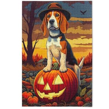 Imagem de Quebra-cabeça adulto 500 peças cachorro Halloween outono colorido jogo engraçado presentes quebra-cabeças legais para adultos pintura de arte floral decorativa, 500 peças, 52 x 37,8 cm
