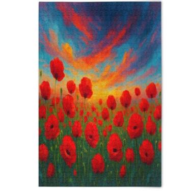Imagem de Quebra-cabeça de campo de flores de papoulas vermelhas florais 500 peças para adultos, presentes para elefantes brancos, presentes criativos e divertidos, presentes para adultos, paisagem animal, 500