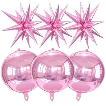 Imagem de BAOBAOJOY 6 balões de alumínio rosa, balão redondo 4D rosa metálico de 55 cm e estrela de explosão, aniversário para casamento, Natal, véspera de ano novo, decoração de festa de formatura e pano de