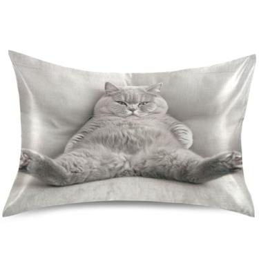 Imagem de Capas de almofada de cetim com pose de sofá de gato gordo engraçado para cabelo capa de travesseiro padrão Queen King capa de travesseiro de resfriamento com estampa fofa macia, tamanho king, 101,6 cm