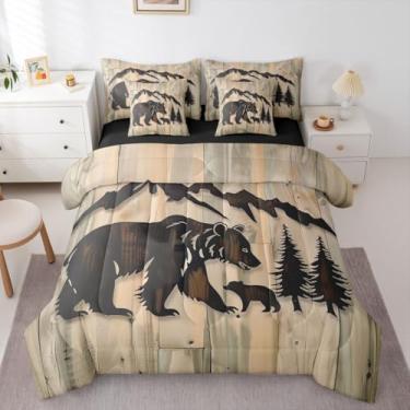 Imagem de Erosebridal Jogo de lençol casal rústico com urso de cabana de 7 peças, animais selvagens, para caça na selva, animais selvagens, porta de celeiro, casa de fazenda, respirável, leve