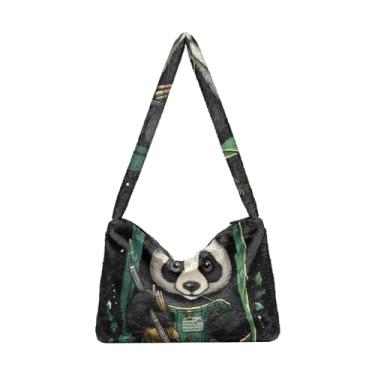 Imagem de Bolsa de ombro feminina Fighting White Bear Warrior, bolsa de pelúcia, bolsa feminina para uso ao ar livre, Panda comendo bambu em uma bolsa verde, One Size