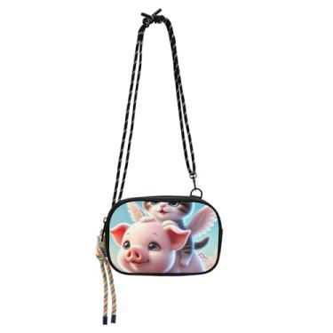 Imagem de Pequena bolsa tiracolo feminina bolsa para celular com alça estampa fofa gatinho gato fofo porco viagem pequena bolsa de ombro