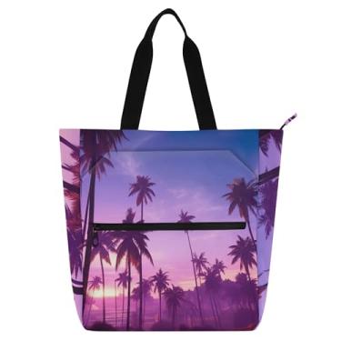Imagem de Bolsa feminina de trabalho com palmeiras pôr do sol, selva, roxa, para trabalho, lona, praia, com zíper, bolsas para professores, presente para amantes de livros