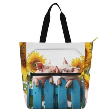 Imagem de Cute Pig Kiss Girassóis Bolsas de Trabalho Engraçadas para Mulheres Tote Canvas Beach Book Tote com Zíper Bolsas de Viagem Presentes para Amantes de Livros
