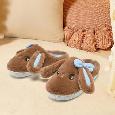 Imagem de Pantufas de coelho de orelhas grandes para meninas e meninos, lindo laço felpudo fofo confortável desenho animado coelho peludo engraçado travesseiro nuvem casa quarto casa chinelo para crianças