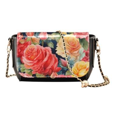 Imagem de Maçãs pretas em uma bolsa transversal de couro leve com padrão branco, bolsas transversais femininas, bolsas tiracolo de couro, Aquarela com rosas vermelhas e amarelas - 2, One Size