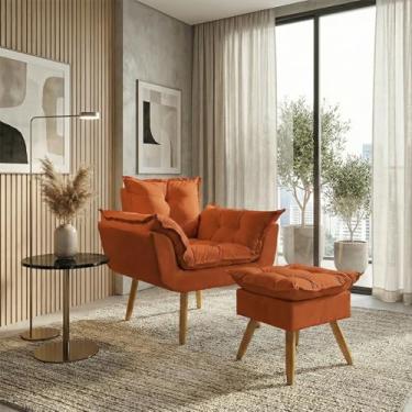 Imagem de Kit Poltrona Decorativa Confortável Para Sala Recepção Manicure com Puff Para Quarto Penteadeira Closet Quadrado Tecido Suede (Terracota)