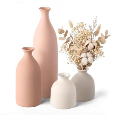 Imagem de Dandat Conjunto de 4 vasos de cerâmica, vasos de cerâmica decorativos modernos, decoração de mesa de cerâmica rústica para buquê de fazenda, flores frescas secas, sala de estar, cozinha, quarto (bege)